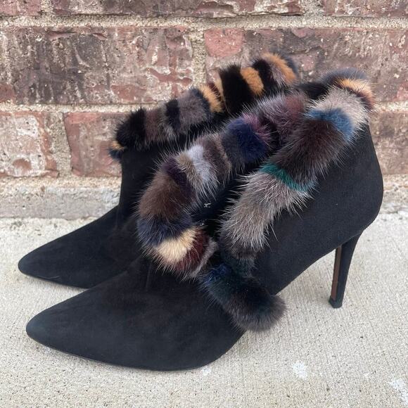 Donald Pliner‎ Women’s size 9m black suede Faux fur Heel Booties Y2K Glam - Picture 3 of 9